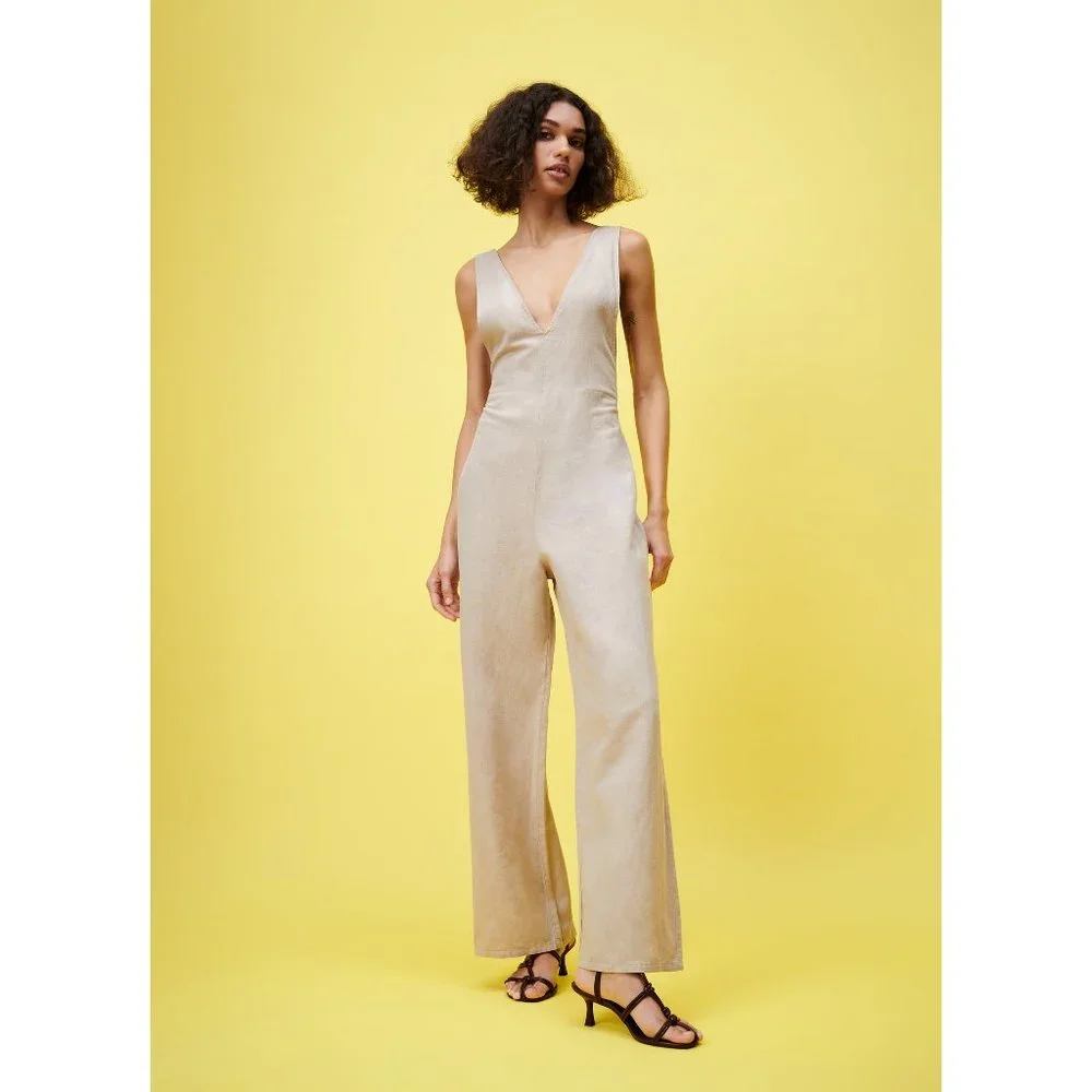 Zara Linen Wide Straight Leg Long Jumpsuit Overalls High Rise Waisted V-Neck XS - Picture 10 of 10
